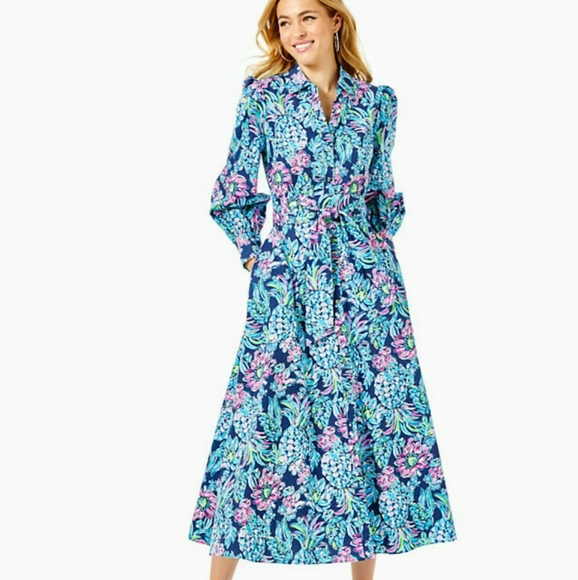 Lilly Pulitzer Dress Mira Shirt Stretch 6 Small Pineapple Paradise Blue High - Picture 8 of 10